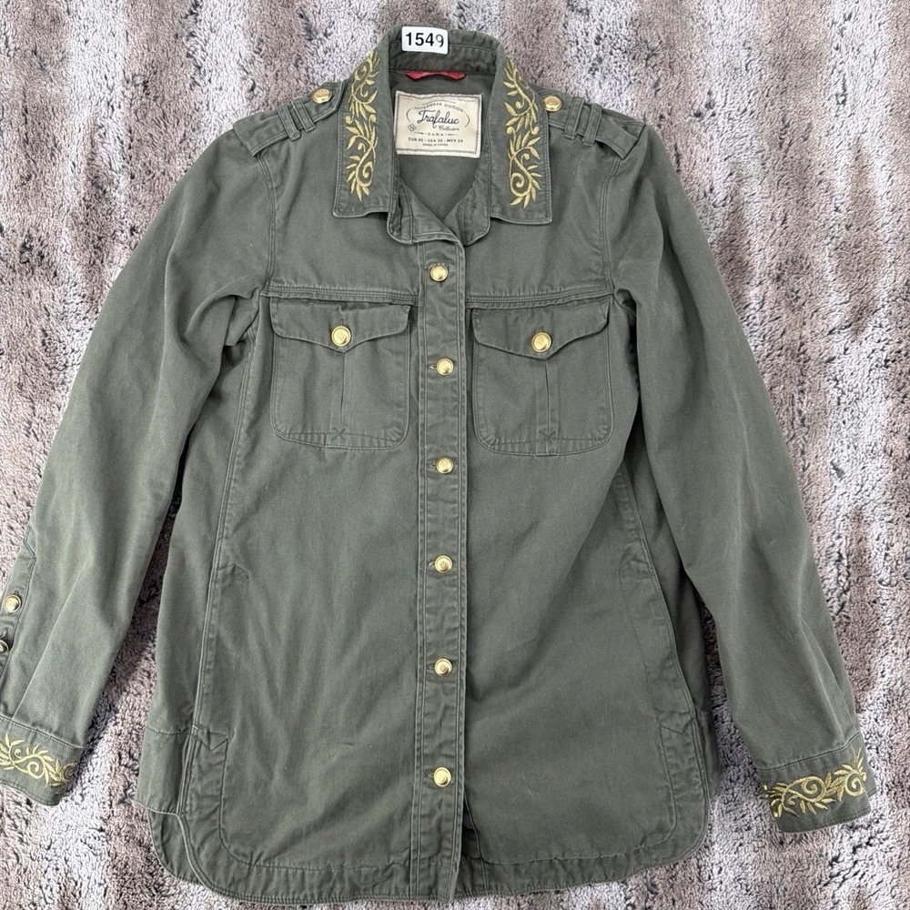 Zara Trafaluc Jacket Womens XS Military Gold Floral Embroidered Button Utility